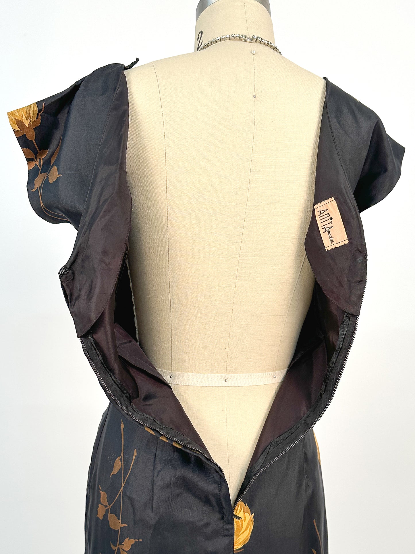 1950s Silk Wiggle Dress with Yellow Roses / Waist 26