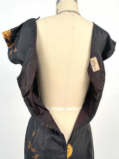 1950s Silk Wiggle Dress with Yellow Roses / Waist 26