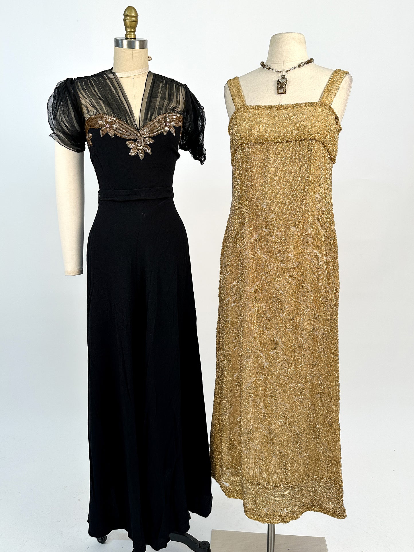 1940s Ultra Glamorous Black Crepe Evening Dress with Sheer Neckline / Waist 28