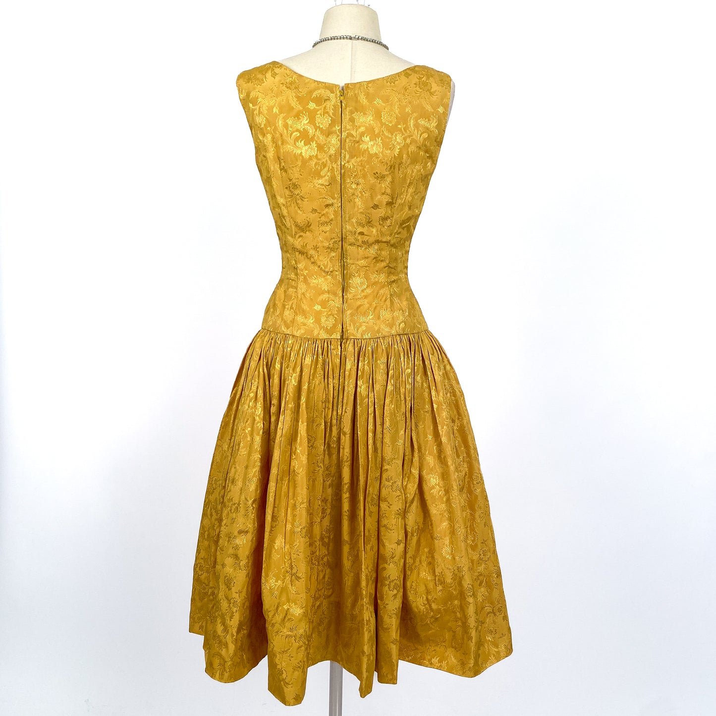1950s Gold Embossed Satin Dress / Waist 24.5