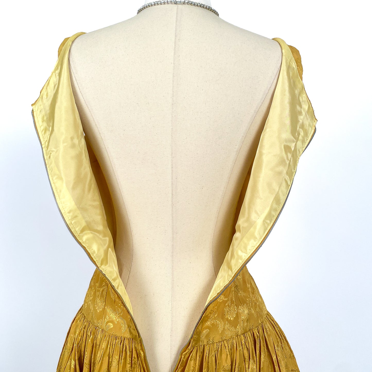 1950s Gold Embossed Satin Dress / Waist 24.5