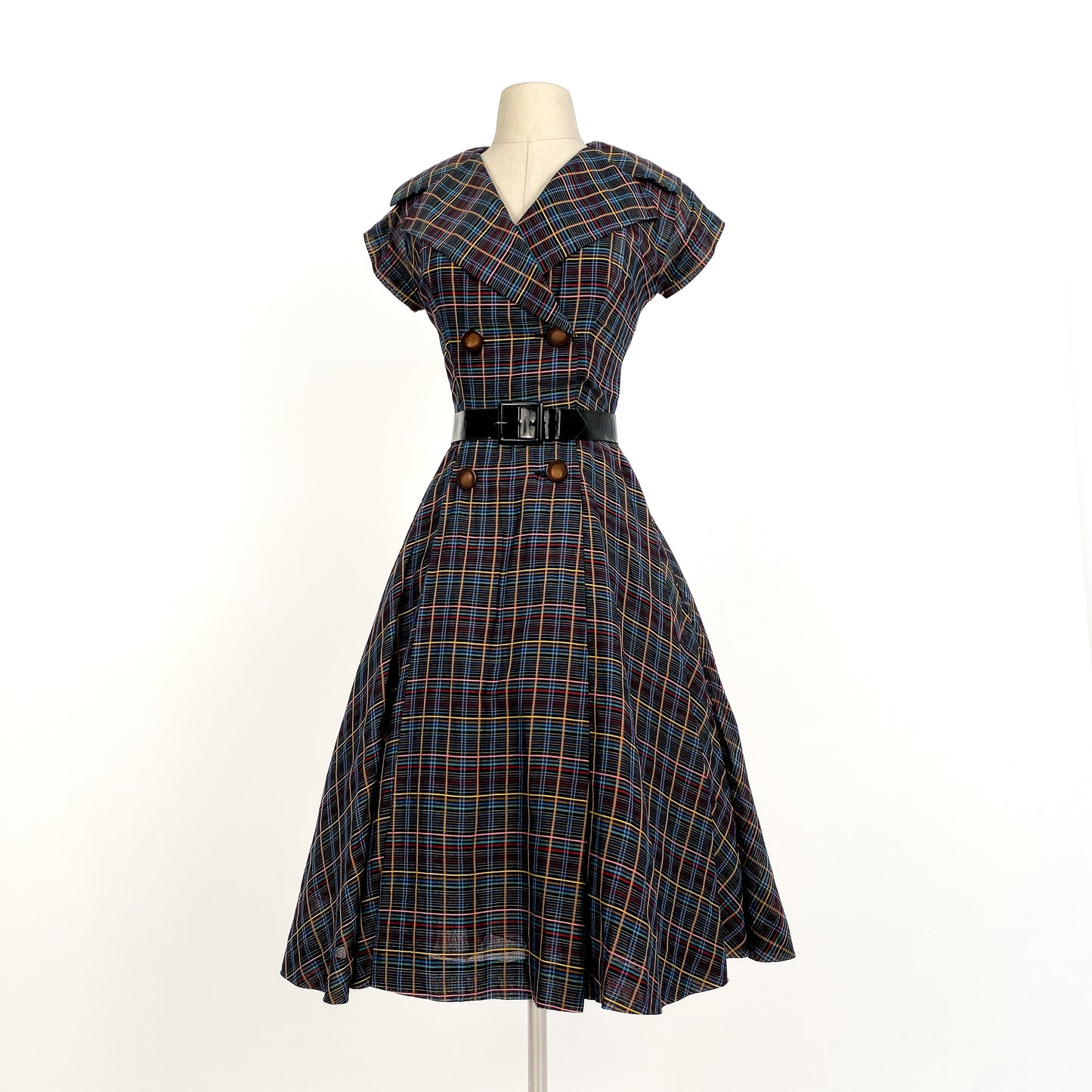 1950s Multi-Colored Plaid Cotton Dress / Waist 26