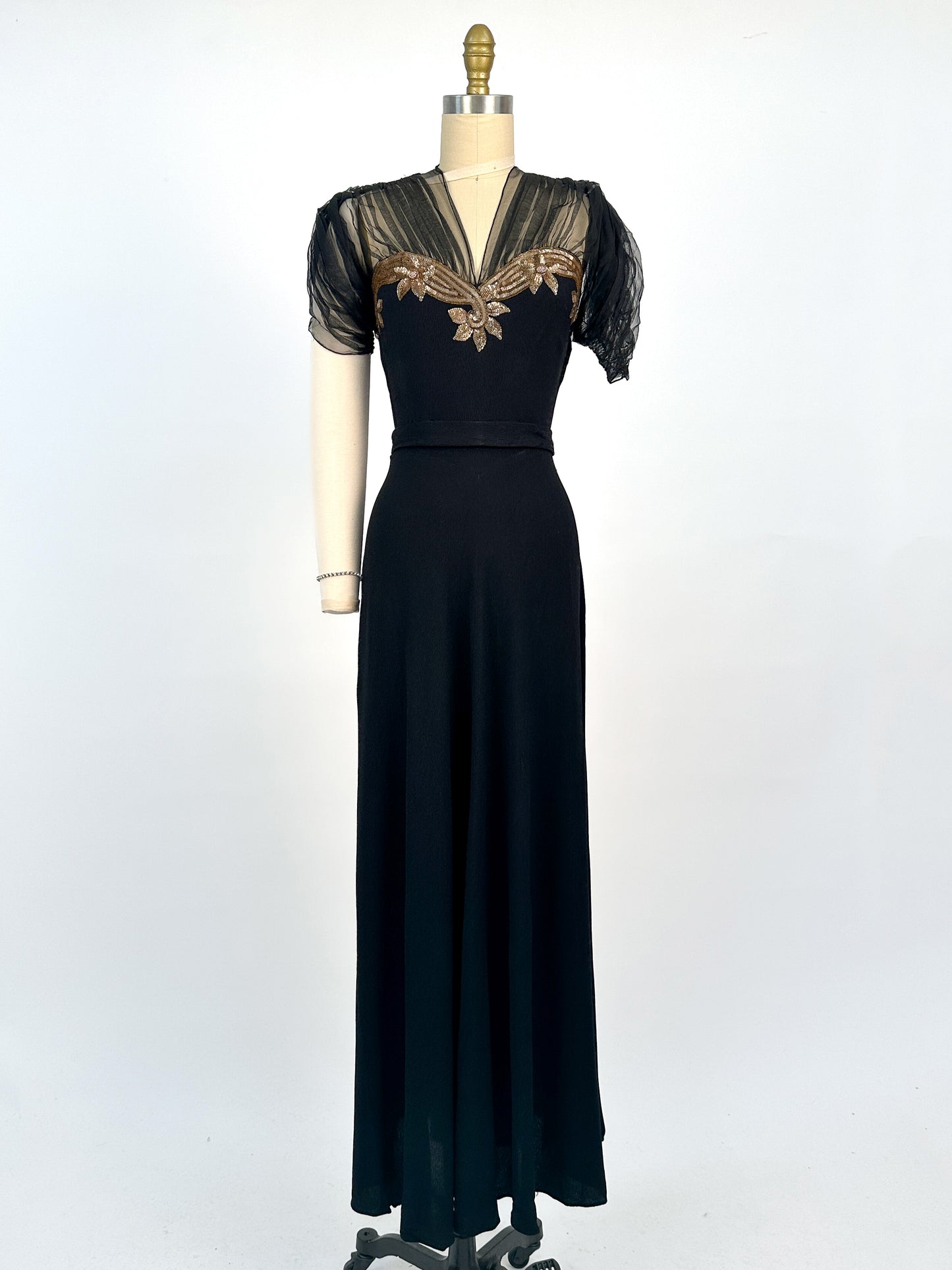1940s Ultra Glamorous Black Crepe Evening Dress with Sheer Neckline / Waist 28