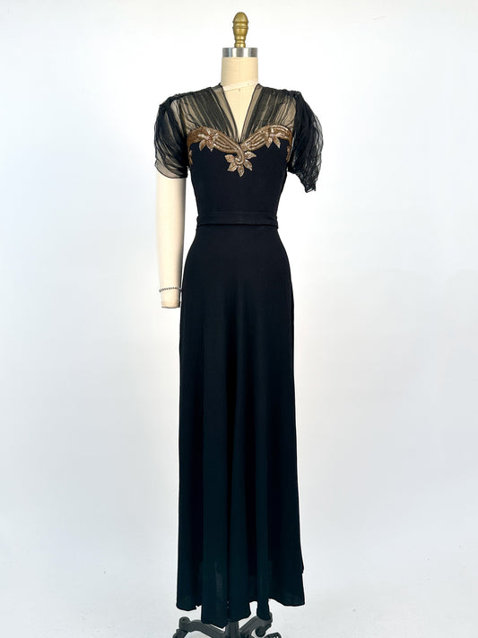 1940s Ultra Glamorous Black Crepe Evening Dress with Sheer Neckline / Waist 28