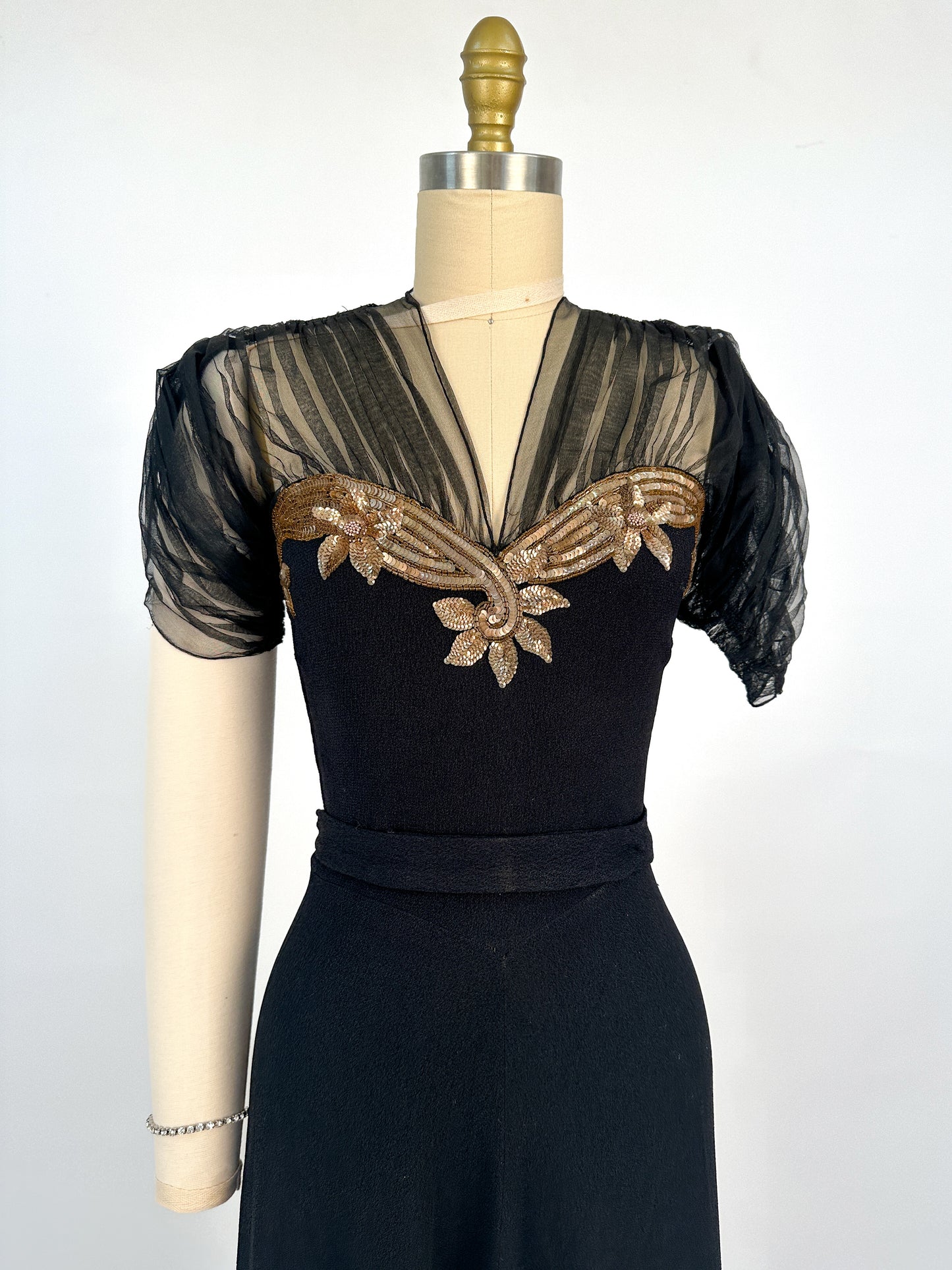 1940s Ultra Glamorous Black Crepe Evening Dress with Sheer Neckline / Waist 28
