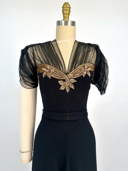 1940s Ultra Glamorous Black Crepe Evening Dress with Sheer Neckline / Waist 28