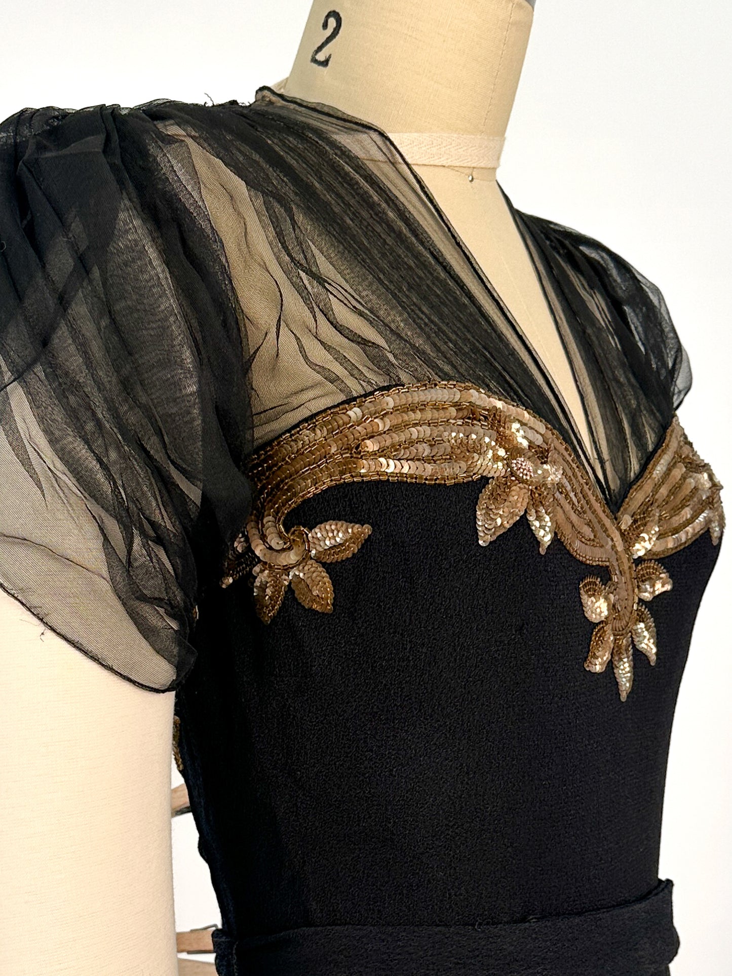 1940s Ultra Glamorous Black Crepe Evening Dress with Sheer Neckline / Waist 28