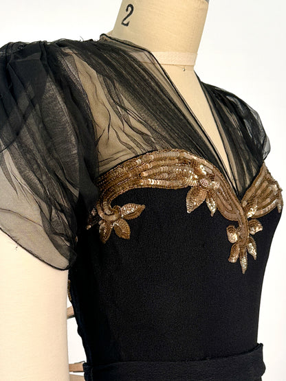 1940s Ultra Glamorous Black Crepe Evening Dress with Sheer Neckline / Waist 28