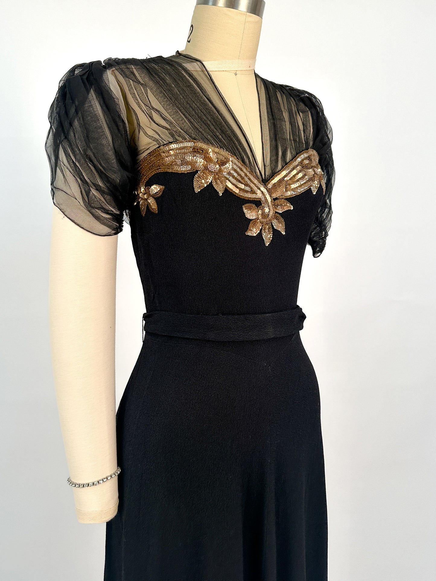 1940s Ultra Glamorous Black Crepe Evening Dress with Sheer Neckline / Waist 28