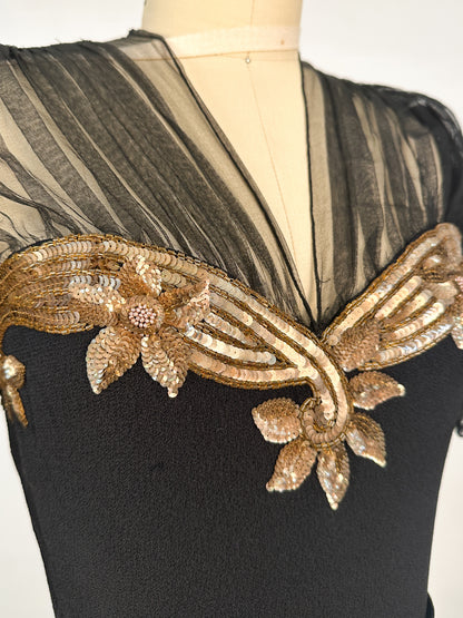 1940s Ultra Glamorous Black Crepe Evening Dress with Sheer Neckline / Waist 28
