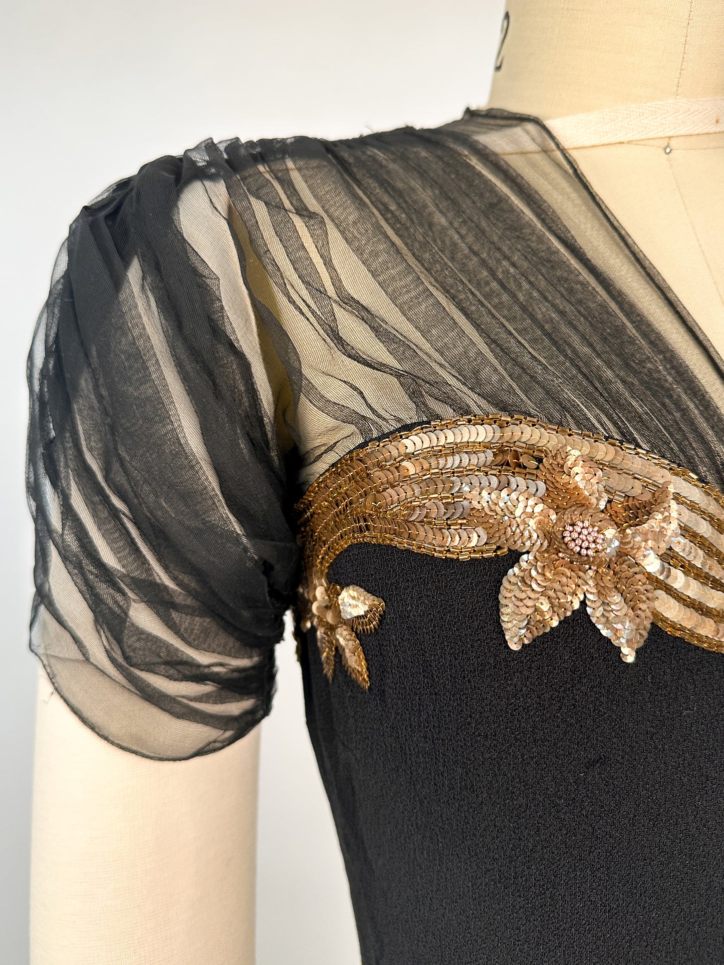 1940s Ultra Glamorous Black Crepe Evening Dress with Sheer Neckline / Waist 28