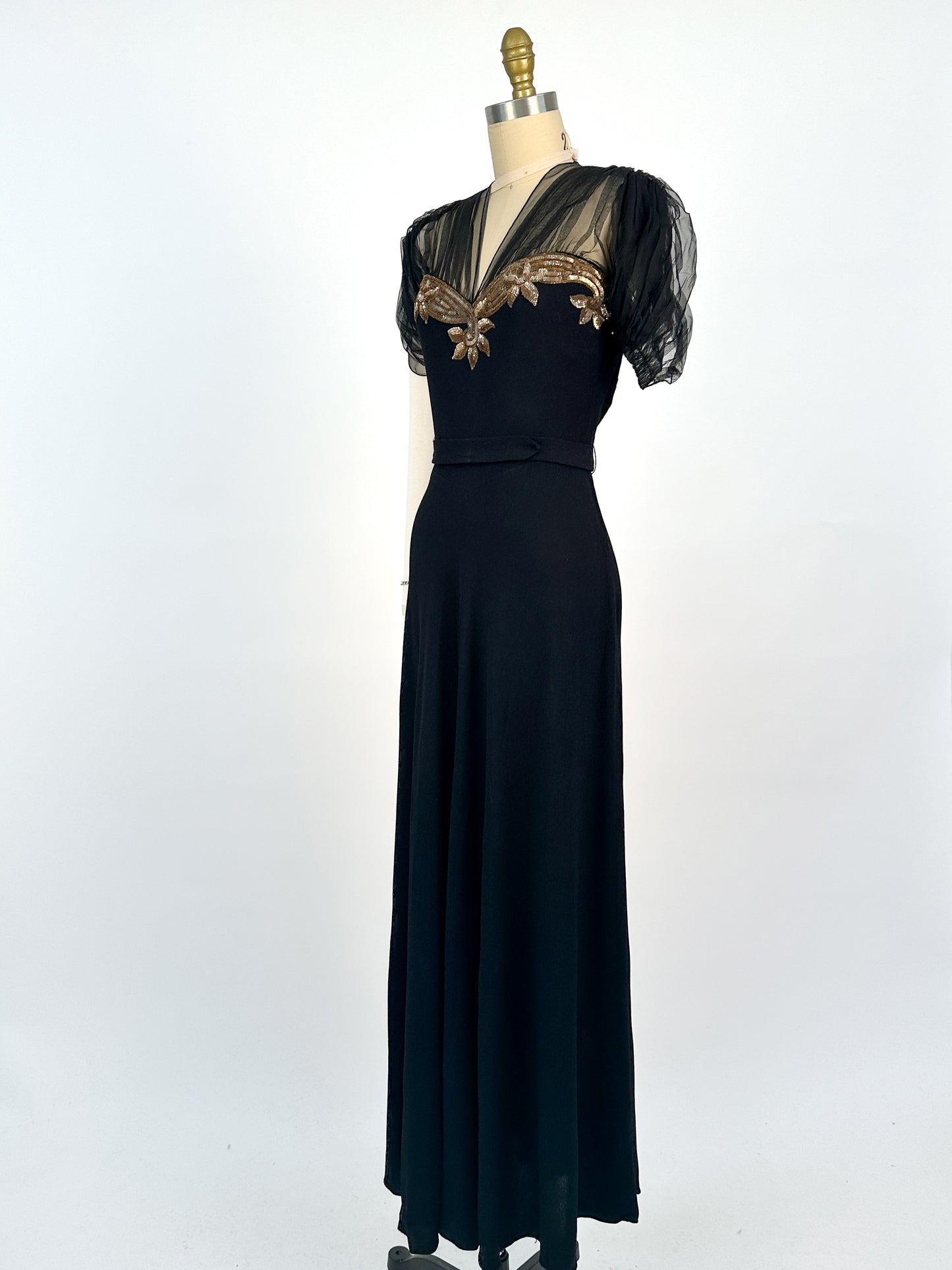 1940s Ultra Glamorous Black Crepe Evening Dress with Sheer Neckline / Waist 28