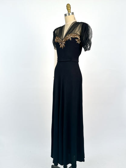 1940s Ultra Glamorous Black Crepe Evening Dress with Sheer Neckline / Waist 28