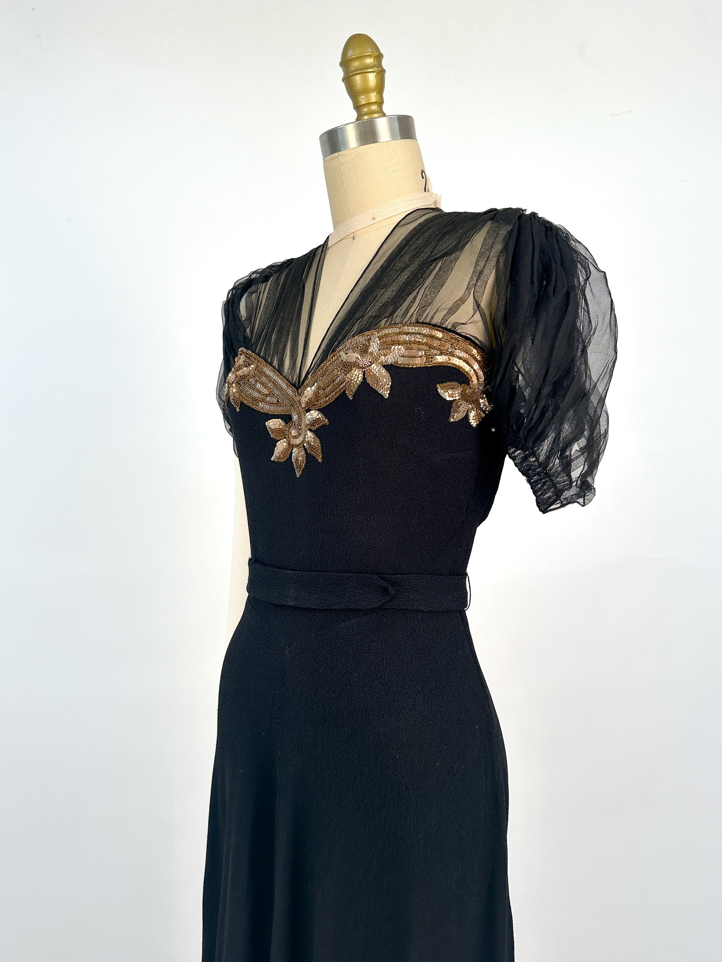 1940s Ultra Glamorous Black Crepe Evening Dress with Sheer Neckline / Waist 28
