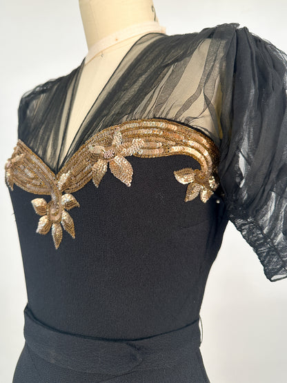 1940s Ultra Glamorous Black Crepe Evening Dress with Sheer Neckline / Waist 28