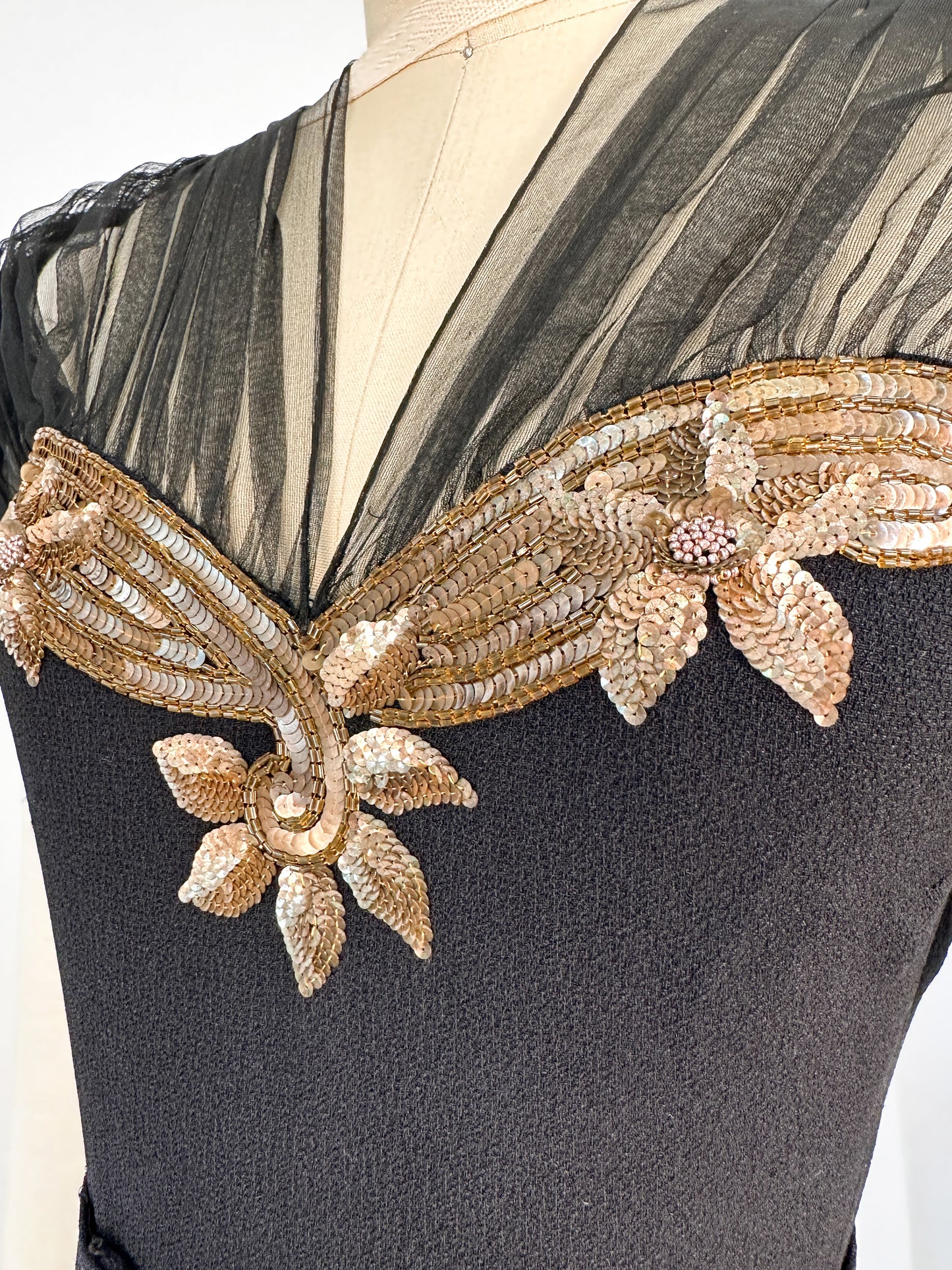 1940s Ultra Glamorous Black Crepe Evening Dress with Sheer Neckline / Waist 28