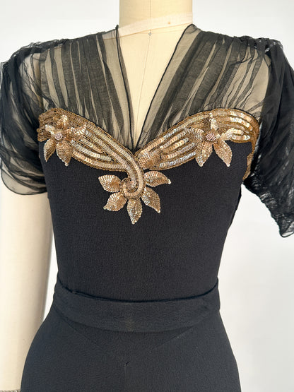 1940s Ultra Glamorous Black Crepe Evening Dress with Sheer Neckline / Waist 28