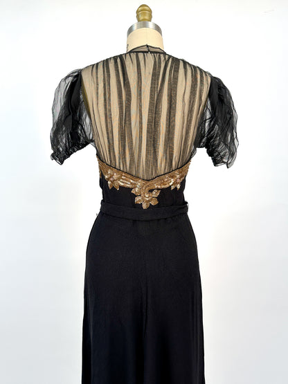1940s Ultra Glamorous Black Crepe Evening Dress with Sheer Neckline / Waist 28