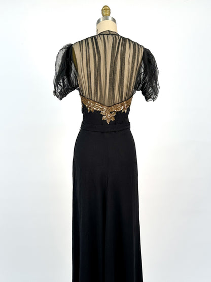 1940s Ultra Glamorous Black Crepe Evening Dress with Sheer Neckline / Waist 28