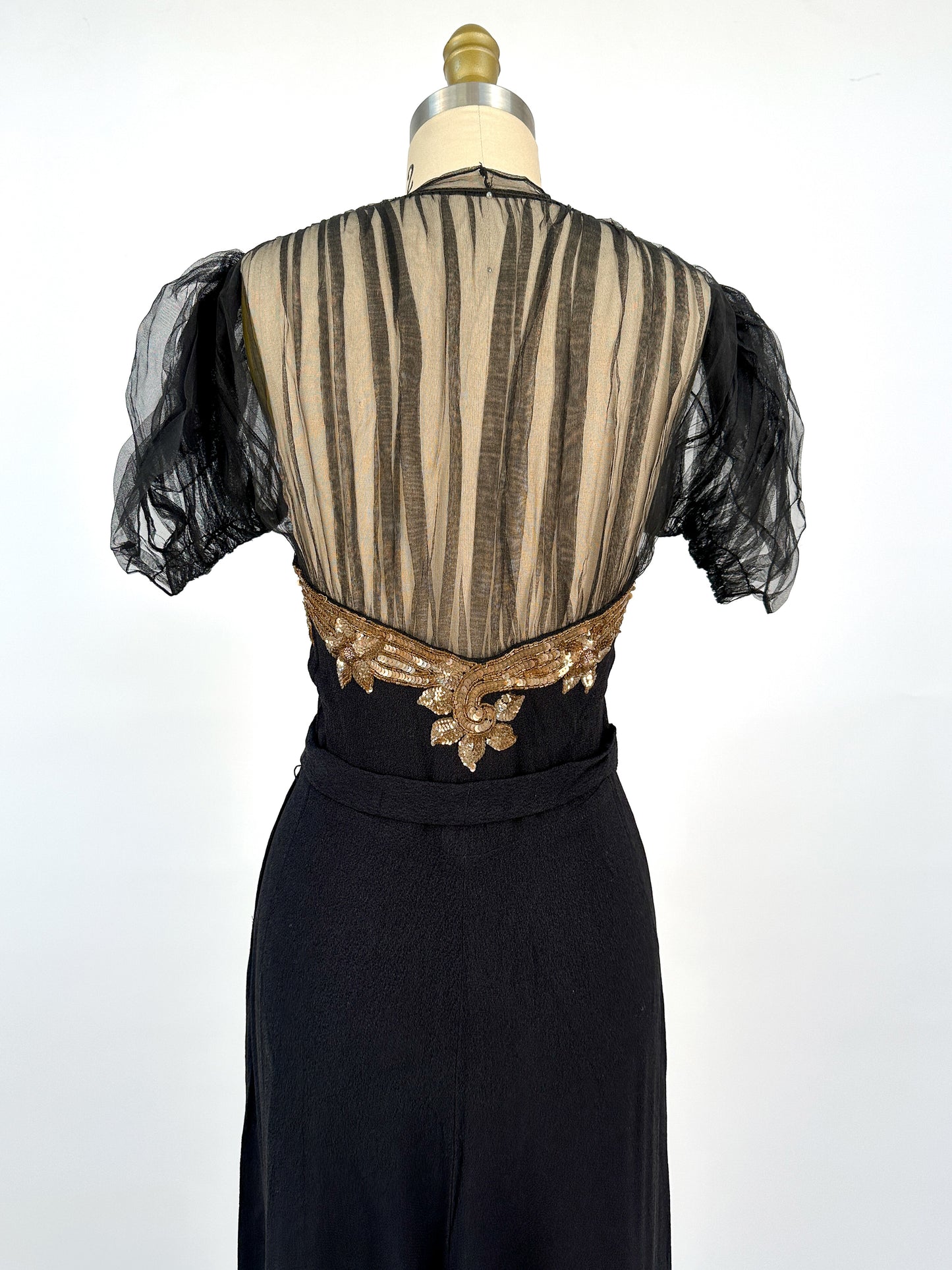 1940s Ultra Glamorous Black Crepe Evening Dress with Sheer Neckline / Waist 28