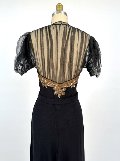 1940s Ultra Glamorous Black Crepe Evening Dress with Sheer Neckline / Waist 28