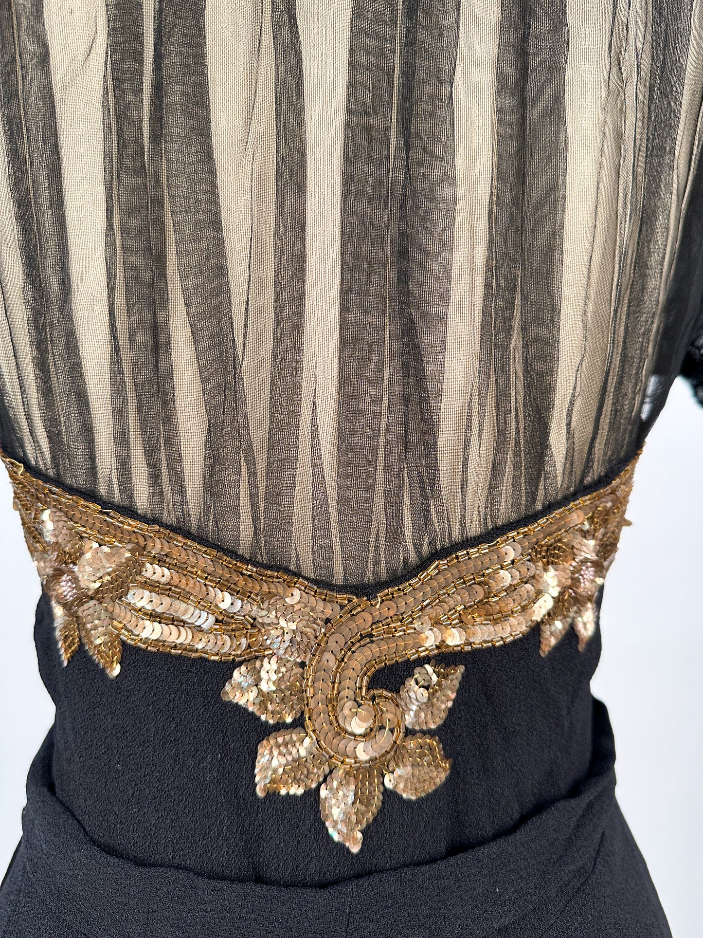 1940s Ultra Glamorous Black Crepe Evening Dress with Sheer Neckline / Waist 28