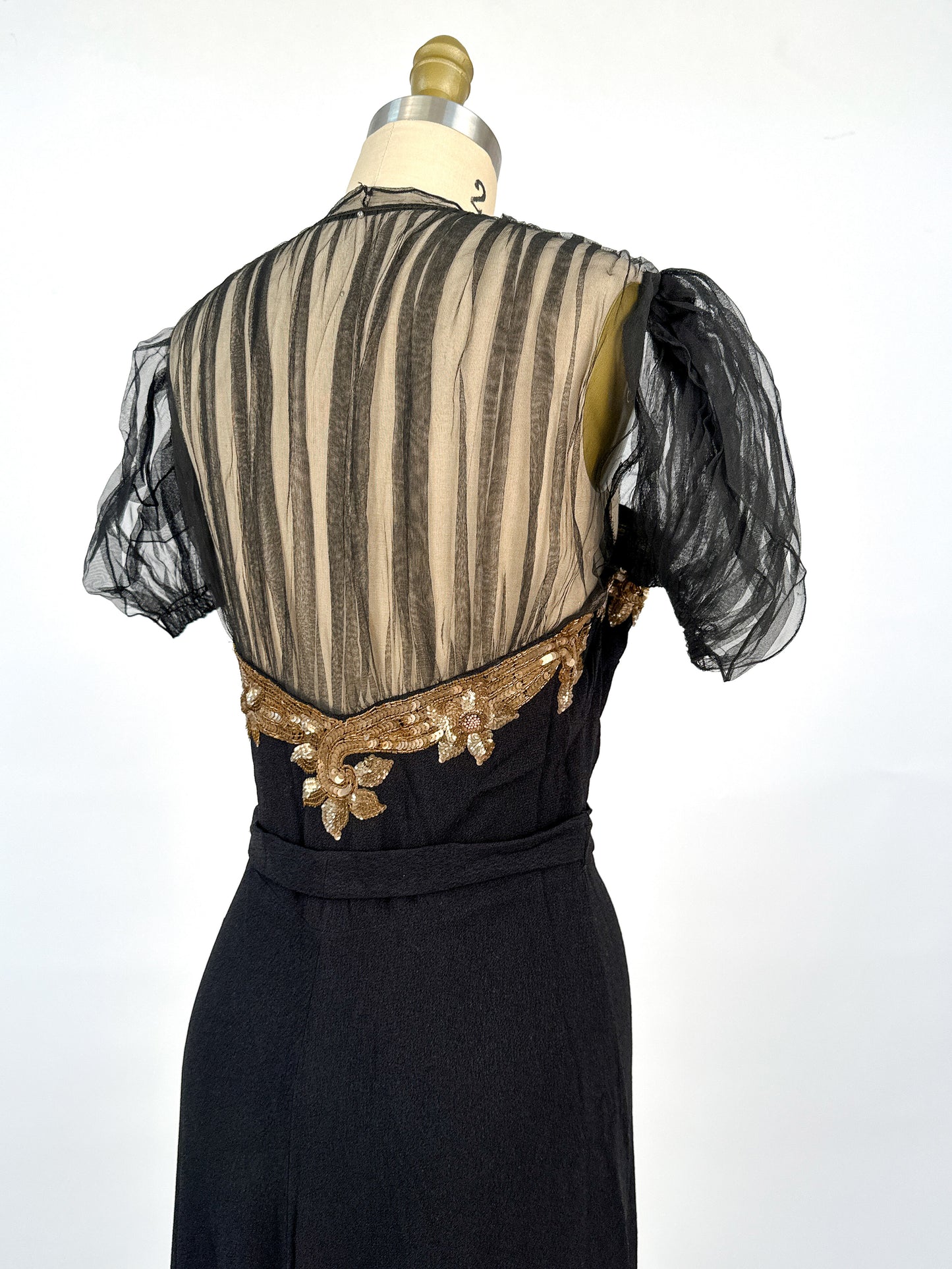 1940s Ultra Glamorous Black Crepe Evening Dress with Sheer Neckline / Waist 28