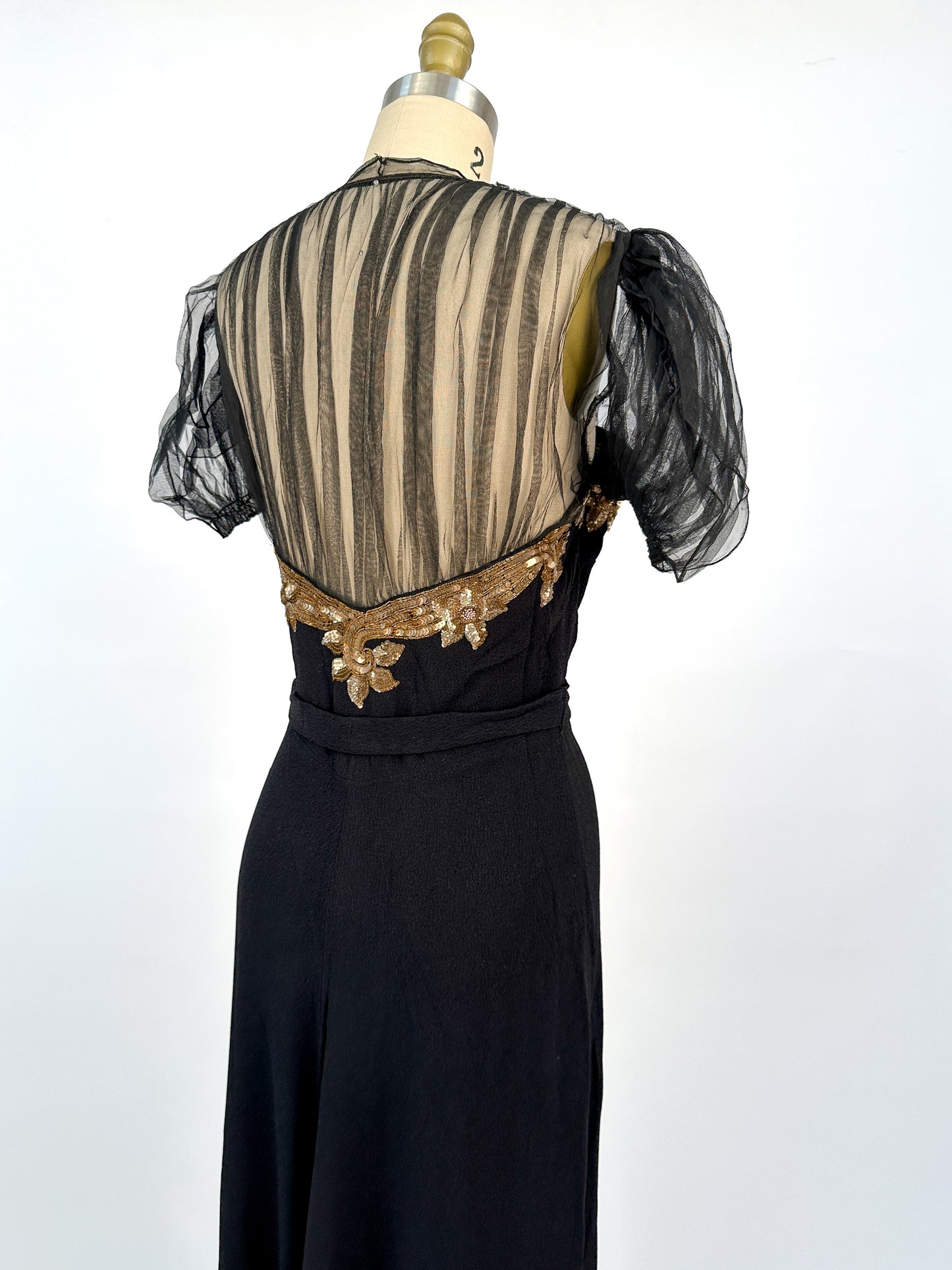 1940s Ultra Glamorous Black Crepe Evening Dress with Sheer Neckline / Waist 28