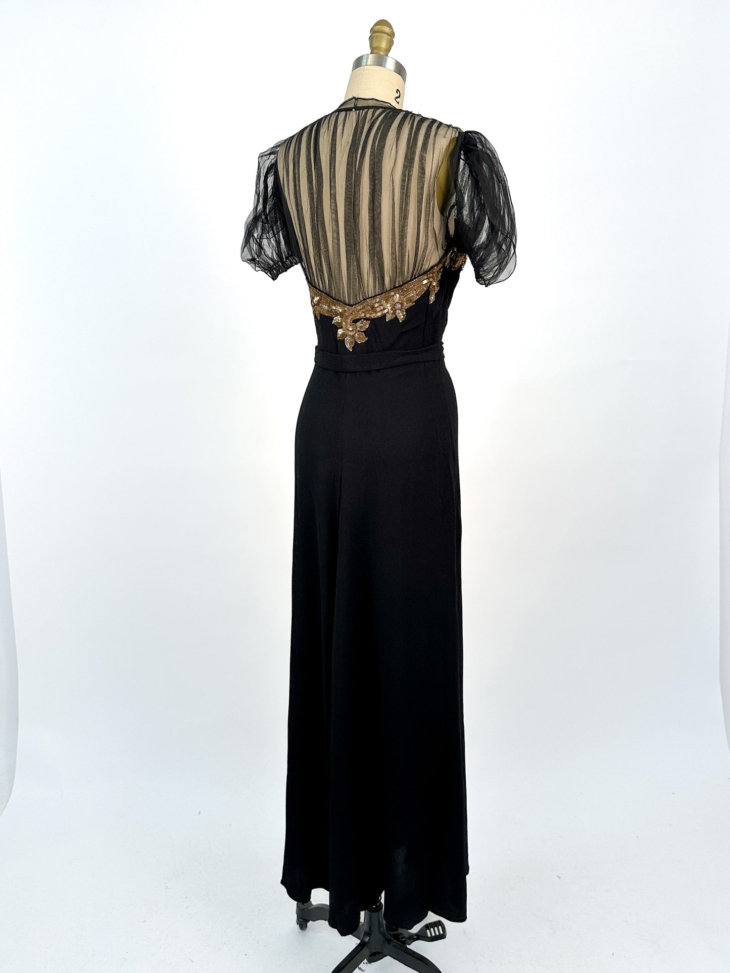 1940s Ultra Glamorous Black Crepe Evening Dress with Sheer Neckline / Waist 28