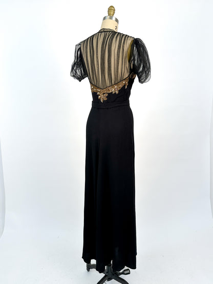 1940s Ultra Glamorous Black Crepe Evening Dress with Sheer Neckline / Waist 28