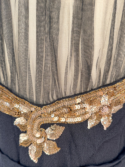 1940s Ultra Glamorous Black Crepe Evening Dress with Sheer Neckline / Waist 28