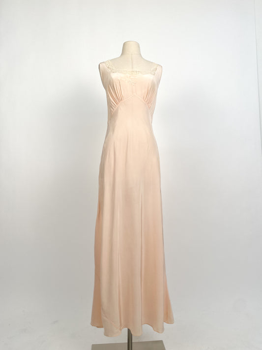 1940s Pale Pink Rayon and Lace Bias Cut Nightgown with Bow Appliqué / Waist 32