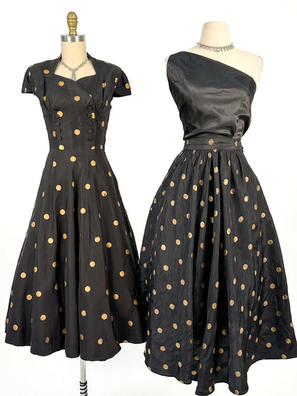 1940-50s Black Taffeta with Gold Polka Dot Fit & Flare / Waist 24