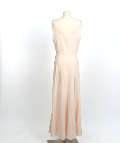 1940s Pale Pink Rayon and Lace Bias Cut Nightgown with Bow Appliqué / Waist 32