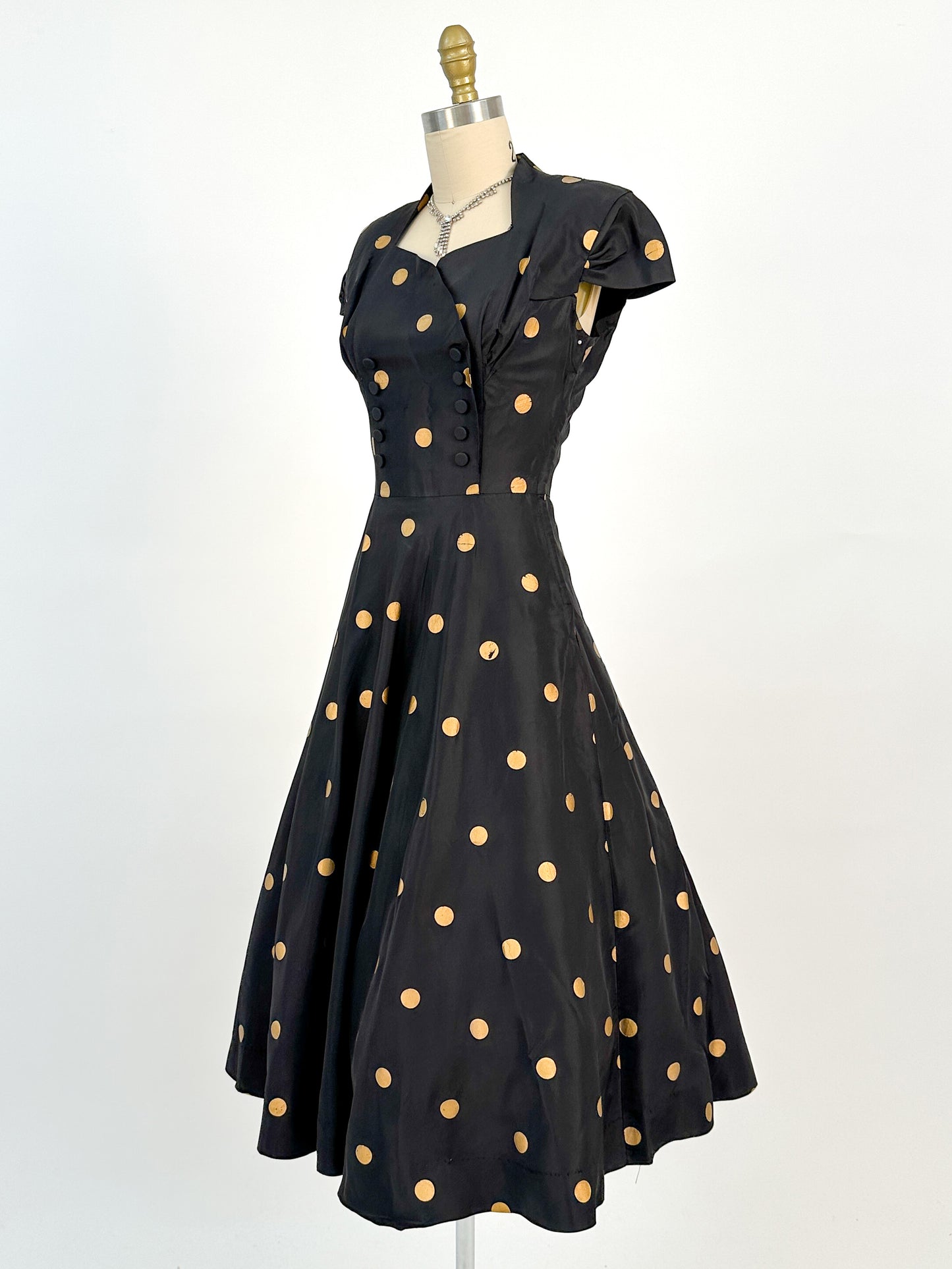 1940-50s Black Taffeta with Gold Polka Dot Fit & Flare / Waist 24