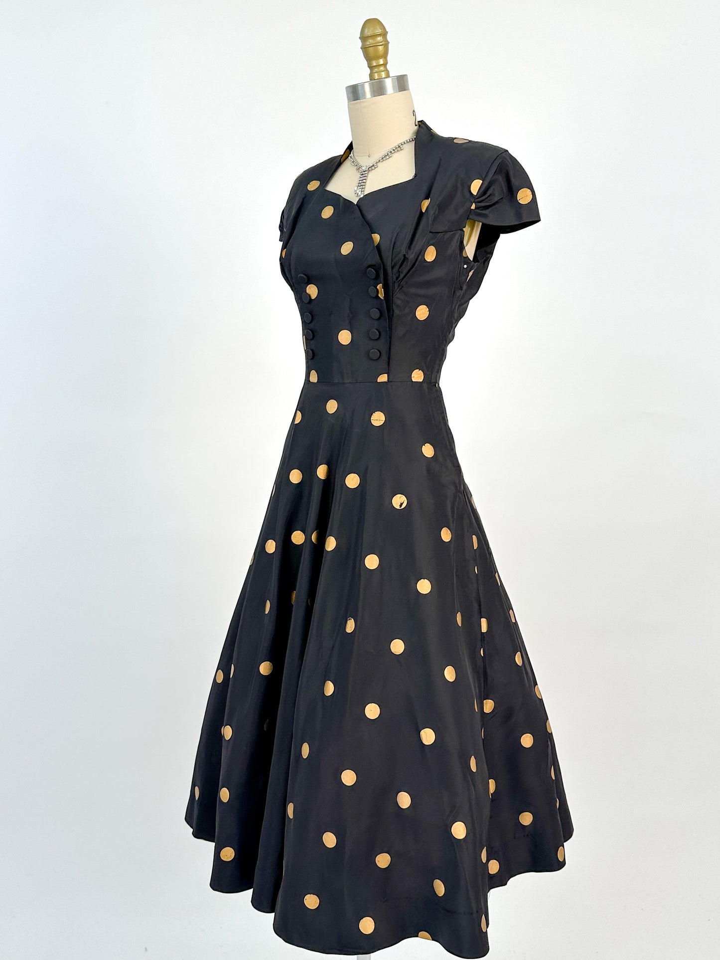 1940-50s Black Taffeta with Gold Polka Dot Fit & Flare / Waist 24