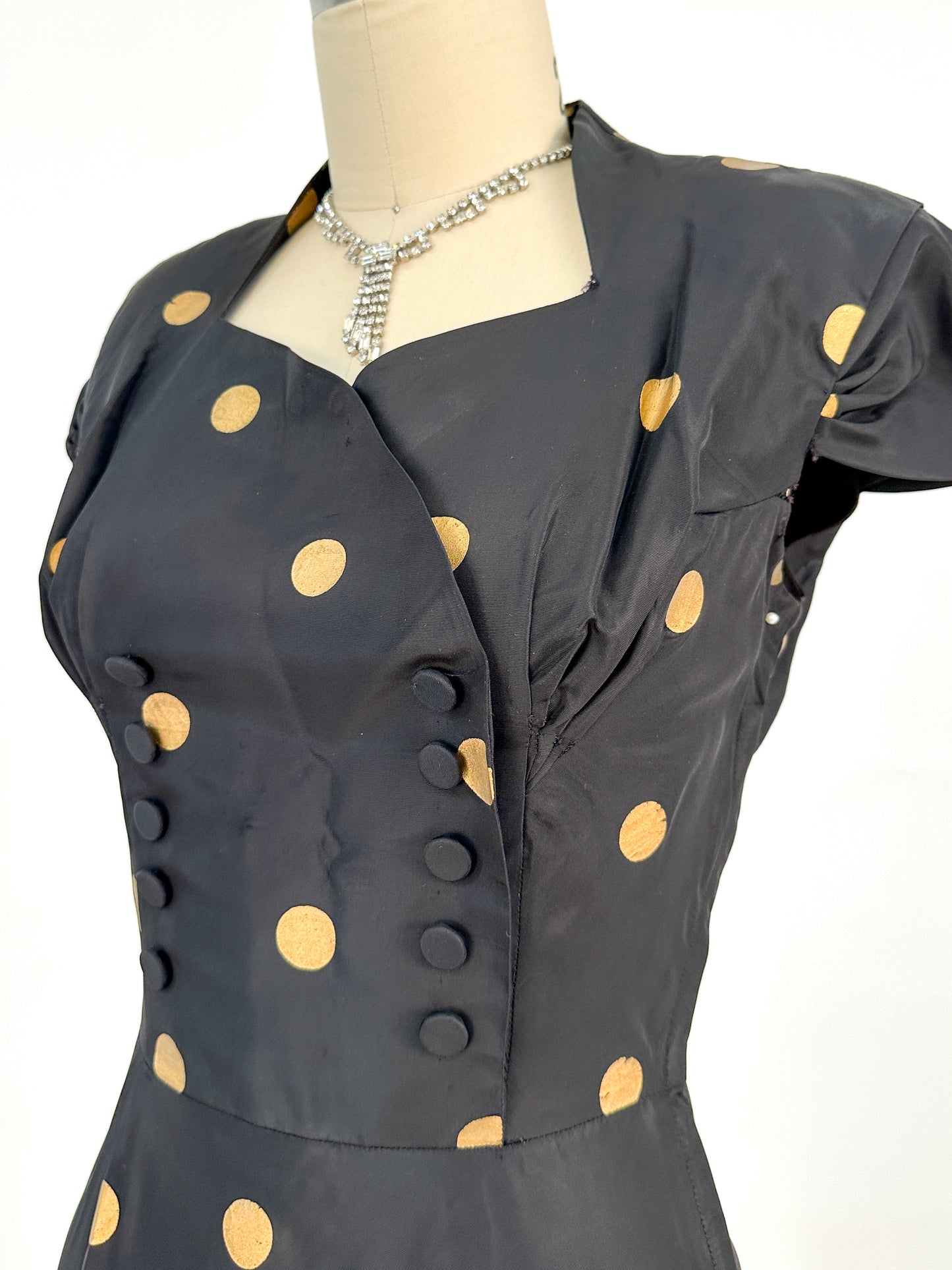 1940-50s Black Taffeta with Gold Polka Dot Fit & Flare / Waist 24