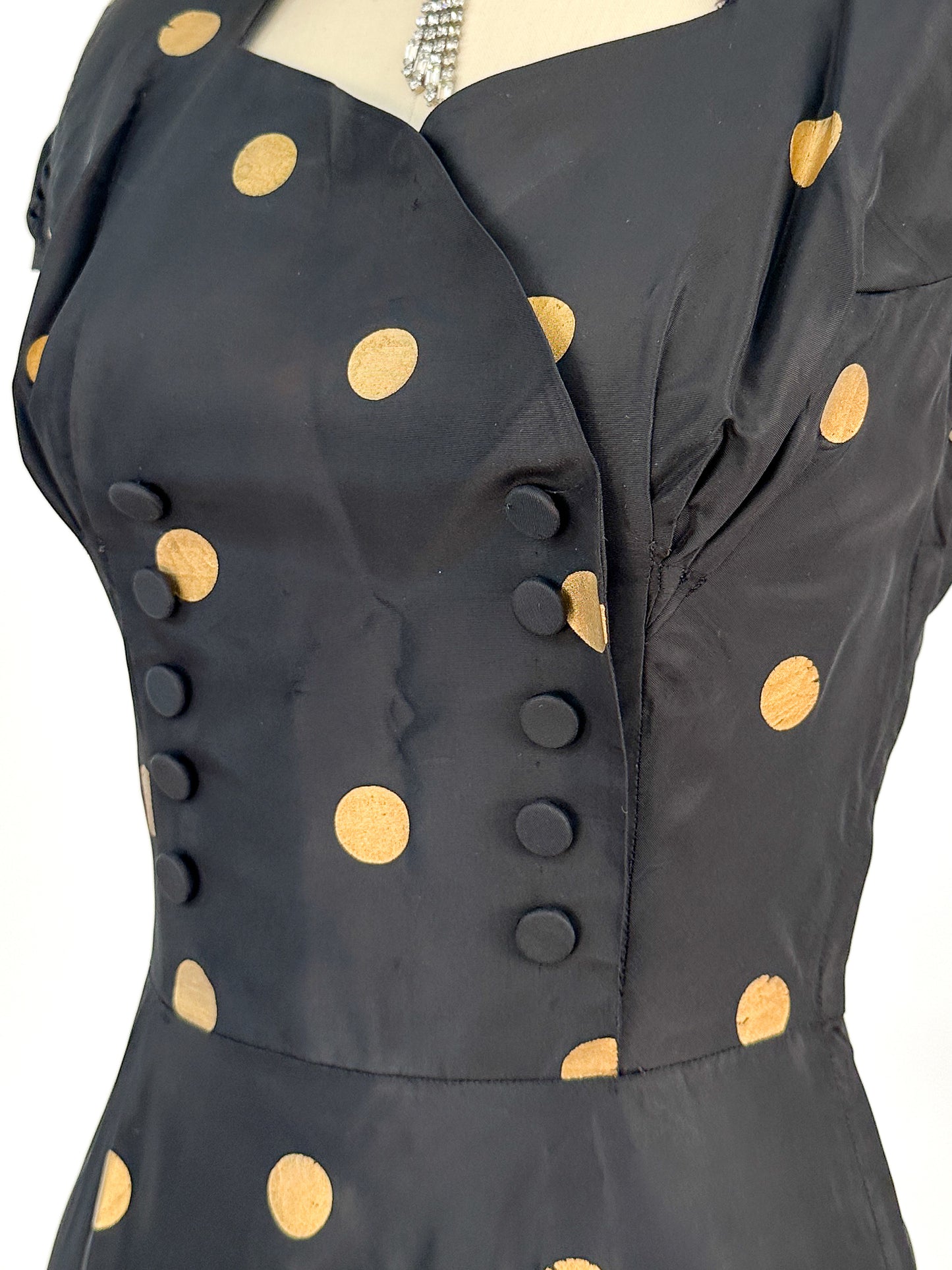 1940-50s Black Taffeta with Gold Polka Dot Fit & Flare / Waist 24