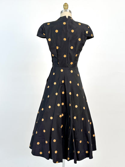 1940-50s Black Taffeta with Gold Polka Dot Fit & Flare / Waist 24