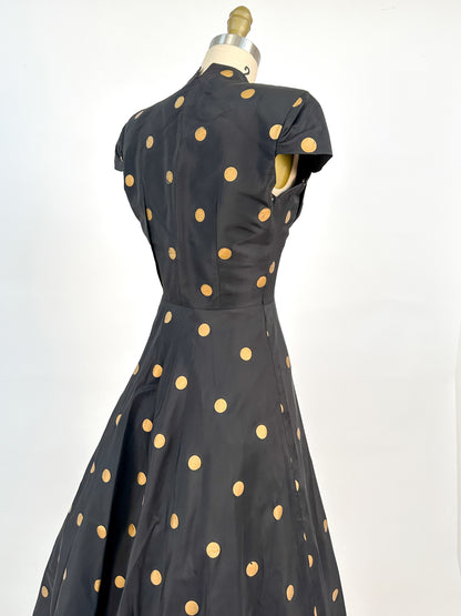 1940-50s Black Taffeta with Gold Polka Dot Fit & Flare / Waist 24