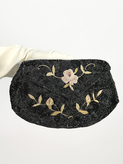 1930-40s Point De Beauvais Black Beaded Evening Bag