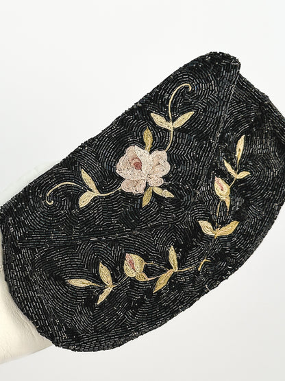 1930-40s Point De Beauvais Black Beaded Evening Bag