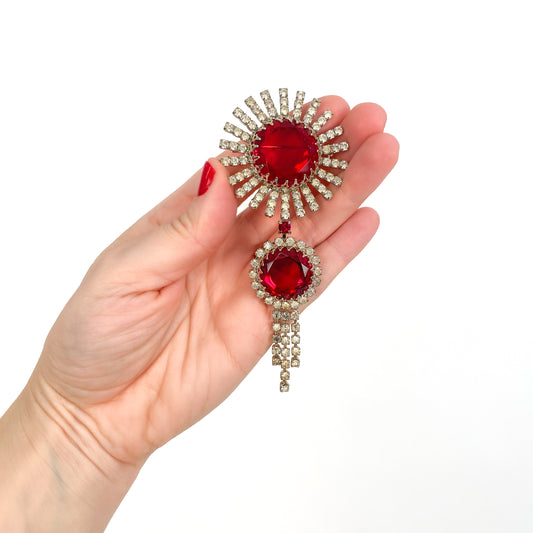 1950-60s Rhodium Plated Ruby Red Rhinestone Starburst Brooch