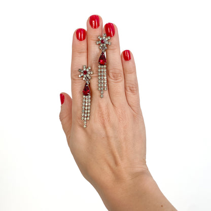 1950-60s Rhinestone and Ruby Colored Glass Starburst Earrings