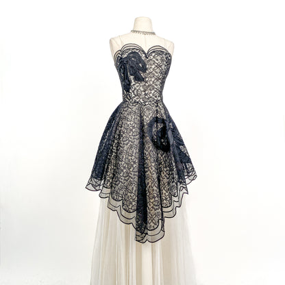 1950s Black Lace and Tulle Gown by Emma Domb / Waist 28