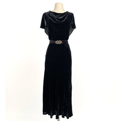 Elegant 1930s Black Silk Velvet Bias Cut Gown With Draped Back / Waist 30