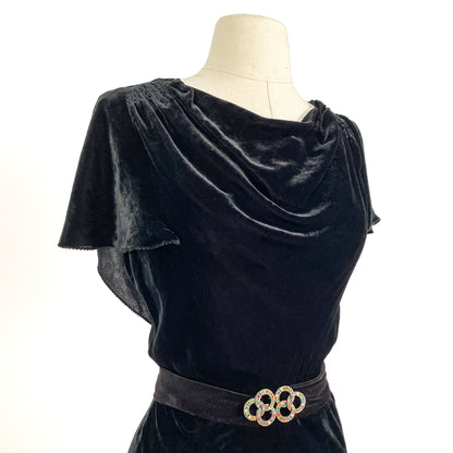 Elegant 1930s Black Silk Velvet Bias Cut Gown With Draped Back / Waist 30