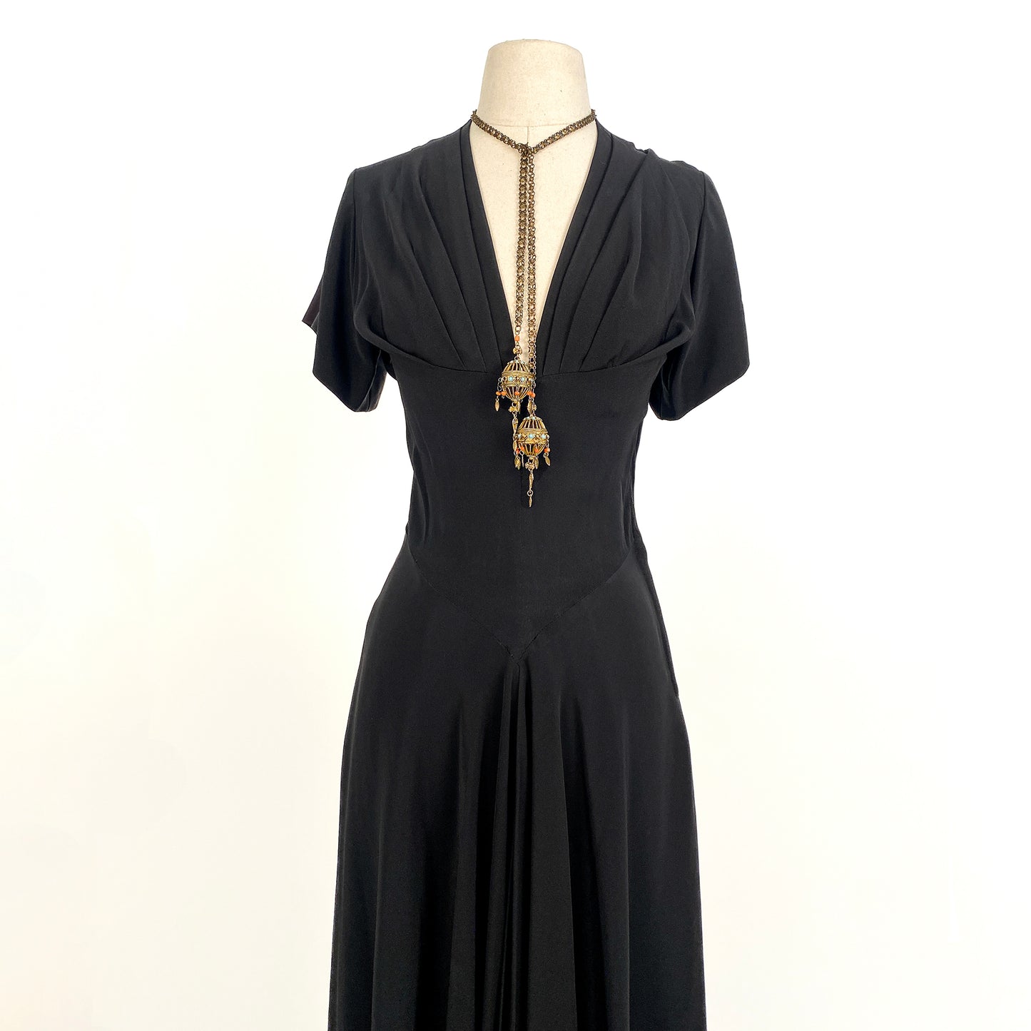 Dramatic 1940s Black Crepe Dress with Daring Neckline / Waist 26