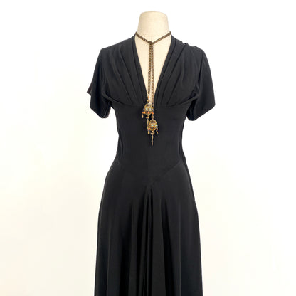 Dramatic 1940s Black Crepe Dress with Daring Neckline / Waist 26