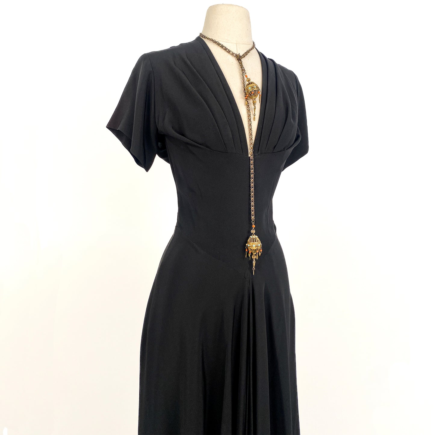 Dramatic 1940s Black Crepe Dress with Daring Neckline / Waist 26